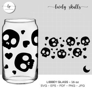 May include: A clear glass 16 ounce Libbey glass with a black and white pattern of skulls and hearts. The text "lovely skulls" is written above the glass. The text "LIBBEY GLASS - 16 oz" and "SVG - EPS - PDF - PNG - JPG" is written below the glass.
