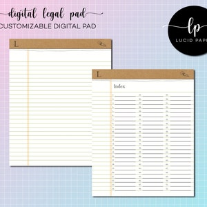 May include: A digital legal pad with a brown paper texture and lined pages. The pad has a tab with the letter "L" on it. The pad is divided into two sections, one with blank lines and the other with an index.