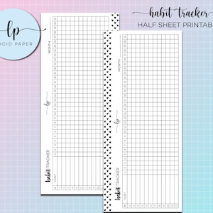 May include: Printable half-sheet habit tracker with black hearts on the side and a grid for tracking habits. The text "habit tracker" and "half sheet printable" is at the top of the page. The text "lp" is in the corner of the page.