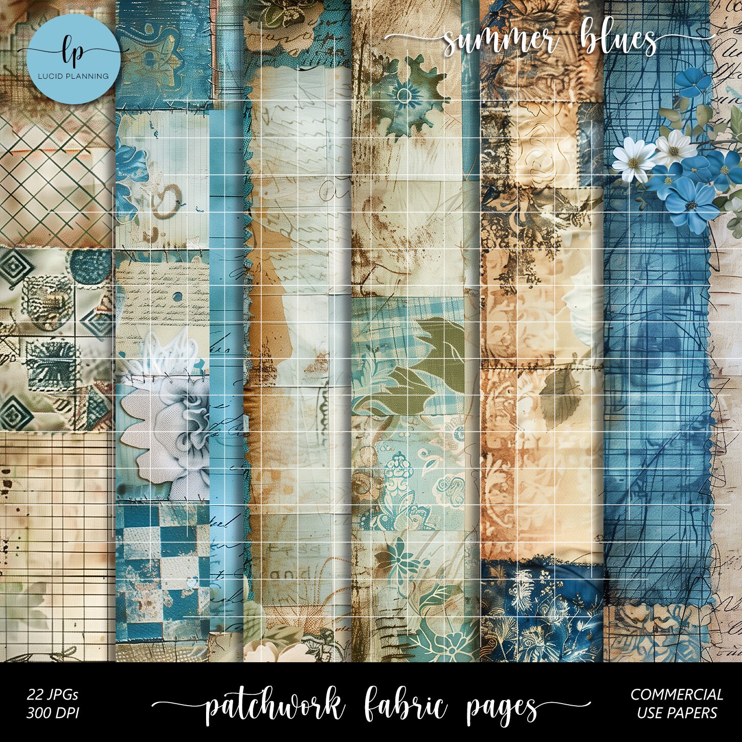 Patchwork Fabric Papers - Summer Blues Patchwork Fabric Junk Journal ...