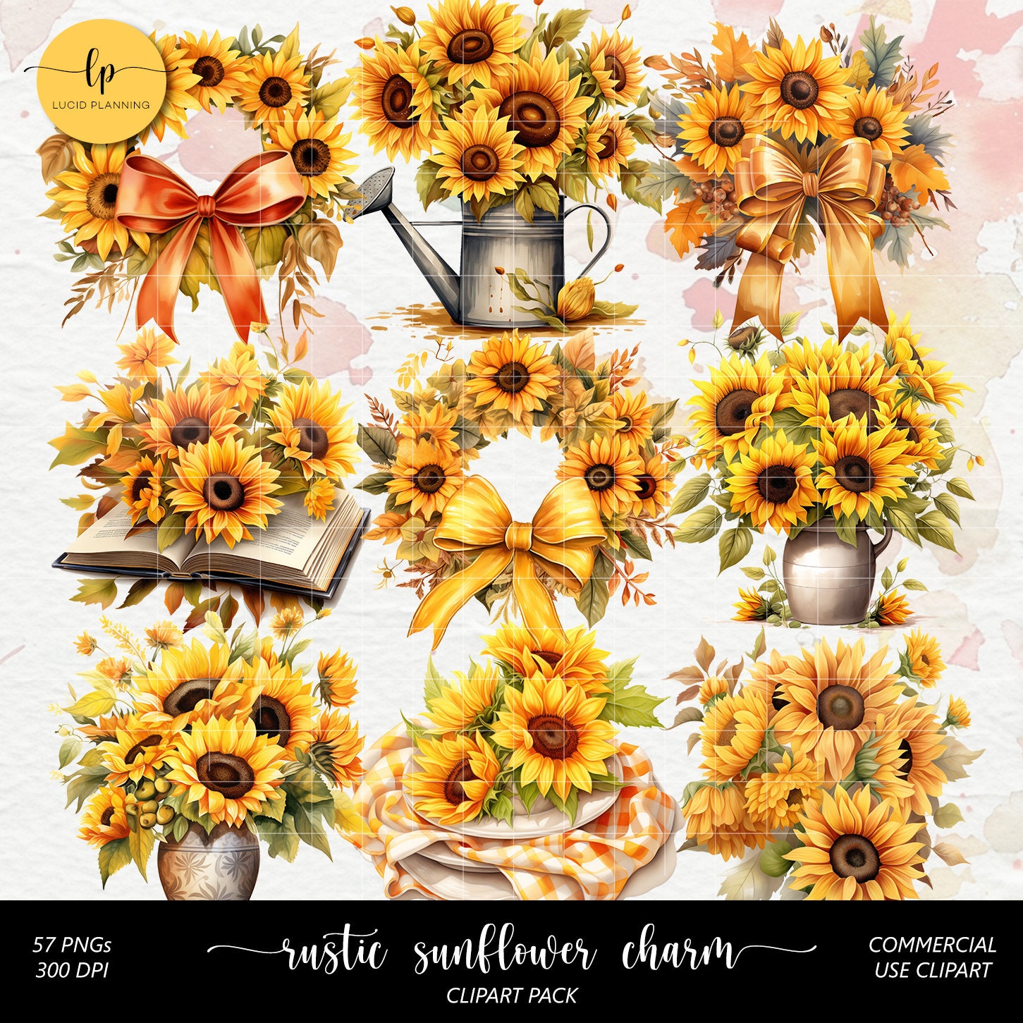 Rustic Sunflower Charm Clipart Set - Sunflower Design Digital Stickers ...