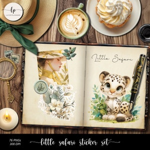 Digitale stickerset Little Safari - jungledieren en gebladerte safaristickers - realistische plannerstickers - zacht groen en beige kleur