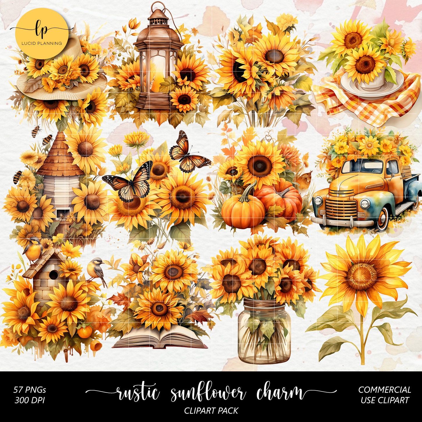 Rustic Sunflower Charm Clipart Set - Sunflower Design Digital Stickers ...