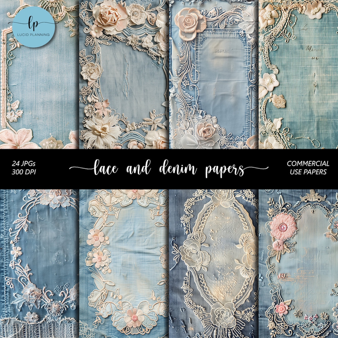 Lace and Denim Junk Journal Pages - Blue Denim and Lace Fabric Junk ...