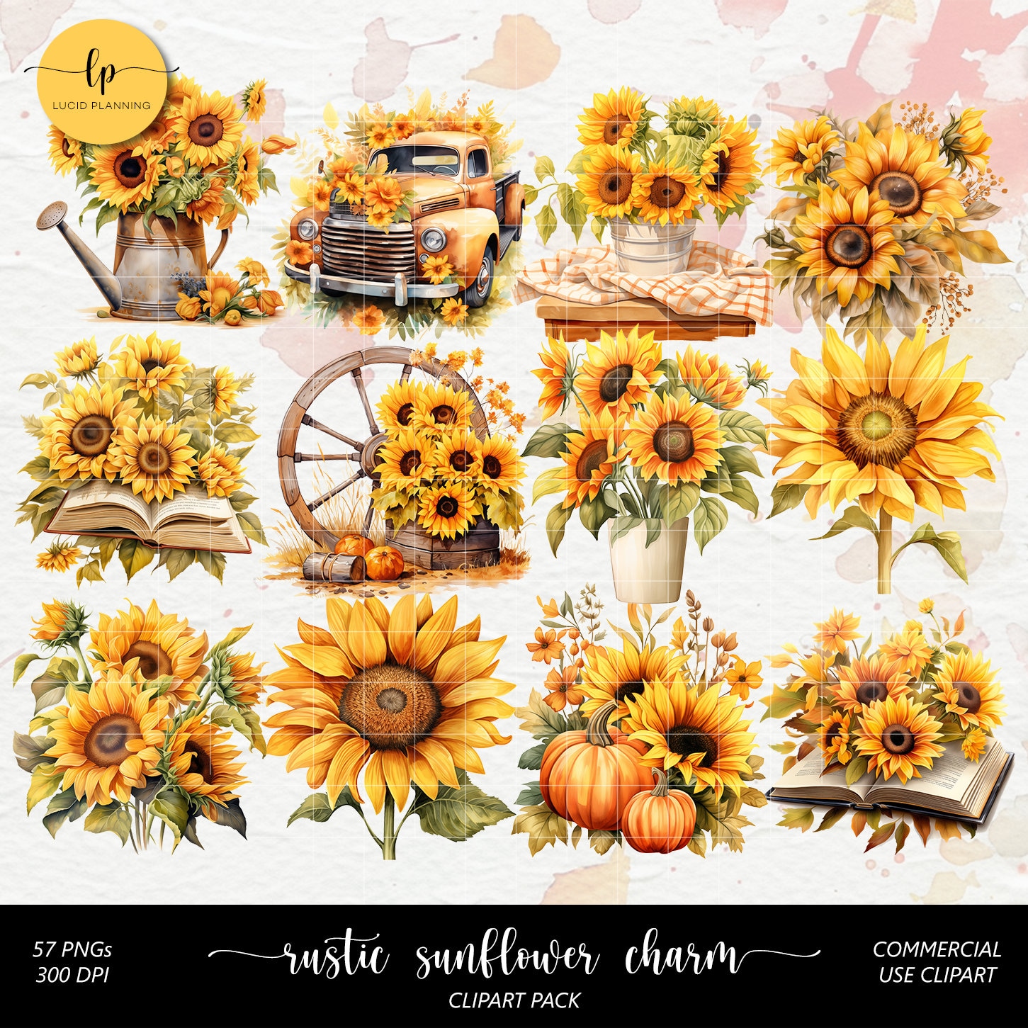 Rustic Sunflower Charm Clipart Set - Sunflower Design Digital Stickers ...