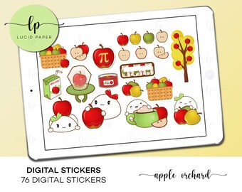 Puede incluir: Pegatinas digitales con ilustraciones con temática de manzanas. Las pegatinas incluyen manzanas rojas, amarillas y verdes, rodajas de manzana, una cesta de manzanas y un árbol. El texto "DIGITAL STICKERS 76 DIGITAL STICKERS" se muestra en la parte inferior.