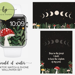 May include: A set of digital wallpapers featuring a dark forest scene with mushrooms, stars, and a crescent moon. The text "herald of winter" is at the bottom of the image. The text "Deep in the forest I stroll, to hear the wisdom of my soul." is on the right side of the image.