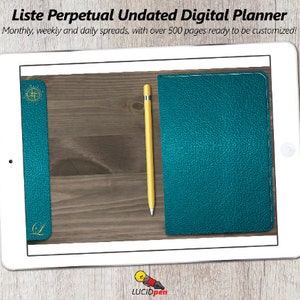 May include: A teal digital planner app displayed on a white iPad tablet. The app has a leather-like texture and a gold compass icon on the cover. A yellow stylus is on the screen next to the planner.
