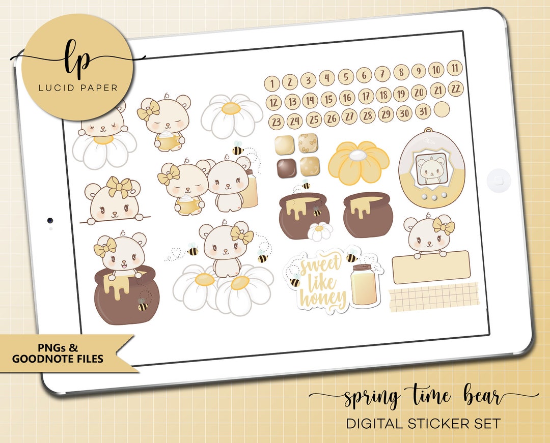 Spring Time Bear Digital Sticker Set - Spring Time Themed Digital ...