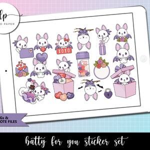 May include: A set of 15 digital stickers featuring cute bats with hearts, flowers, and other Valentine's Day themed designs. The stickers are in a purple and pink color scheme and are perfect for adding a touch of whimsy to your digital planner or journal.