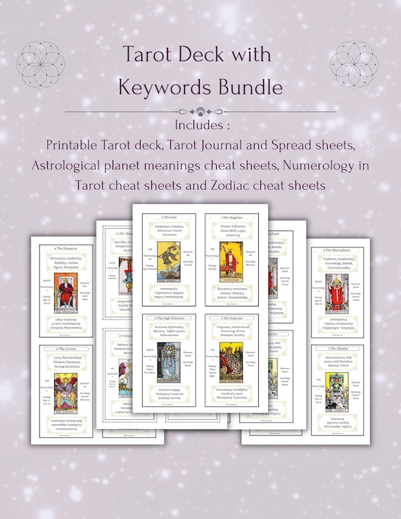 Printable Tarot deck with keywords bundle