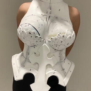 Può includere: Corsetto in schiuma bianca con scollo alto e design decorativo. Il corsetto ha un corpetto a punta e un design decorativo nella zona del seno.