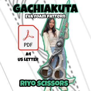 Może przedstawiać: Prezentowany jest duży, srebrny i zielony wzór nożyczek z pianki. U góry znajduje się tekst "GACHIAKUTA EVA FOAM PATTERN". Ikona PDF z tekstem "A4 US LETTER" znajduje się po lewej stronie. Tekst "RIYO SCISSORS" znajduje się na dole.