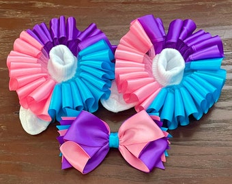 Pink and Purple Tutu Ruffle Socks, Socks and Bow Set, Pink Boutique Bow, Ribbon Trim Socks