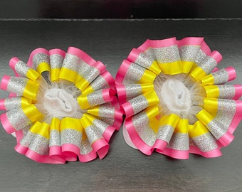 Yellow and Pink Ruffle Socks, Tutu Socks, Ribbon Trim Socks, Pencil Design Ruffle Socks