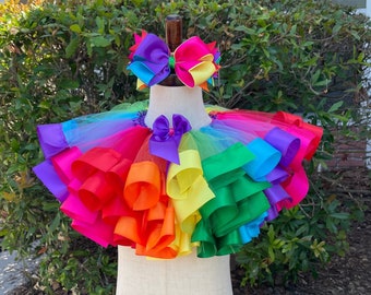 Rainbow Tutu and Bow, Rainbow Ribbon Trim Tutu, Rainbow Birthday outfit, Tutu and Bow Set, Ribbon Trim Socks
