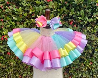 Pastel Rainbow Tutu Set, Mermaid Tutu, Unicorn Tutu, Ribbon Trim Tutu, Tutu and Bow Set, Candy Themed Tutu