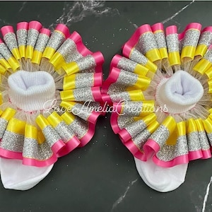 Yellow and Pink Ruffle Socks, Tutu Socks, Ribbon Trim Socks, Pencil Design Ruffle Socks