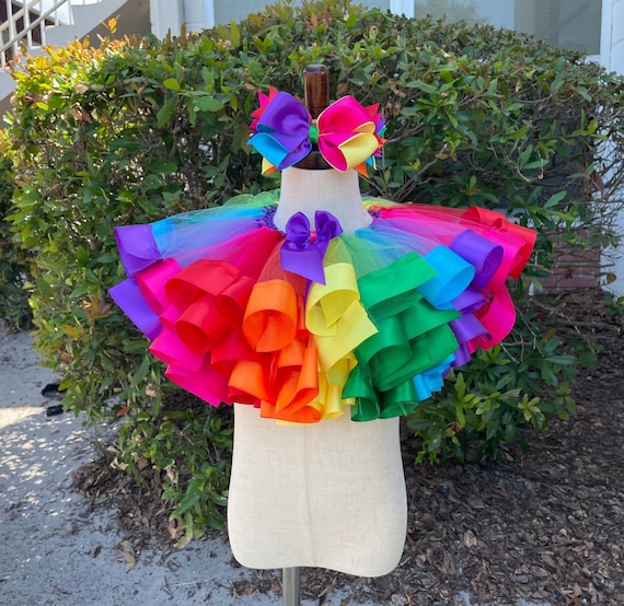 Rainbow Tutu and Bow, Rainbow Ribbon Trim Tutu, Rainbow Birthday outfit, Tutu and Bow Set, Ribbon Trim Socks