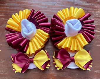Yellow & Maroon Tutu Socks and Bow Set: Ribbon Trimmed