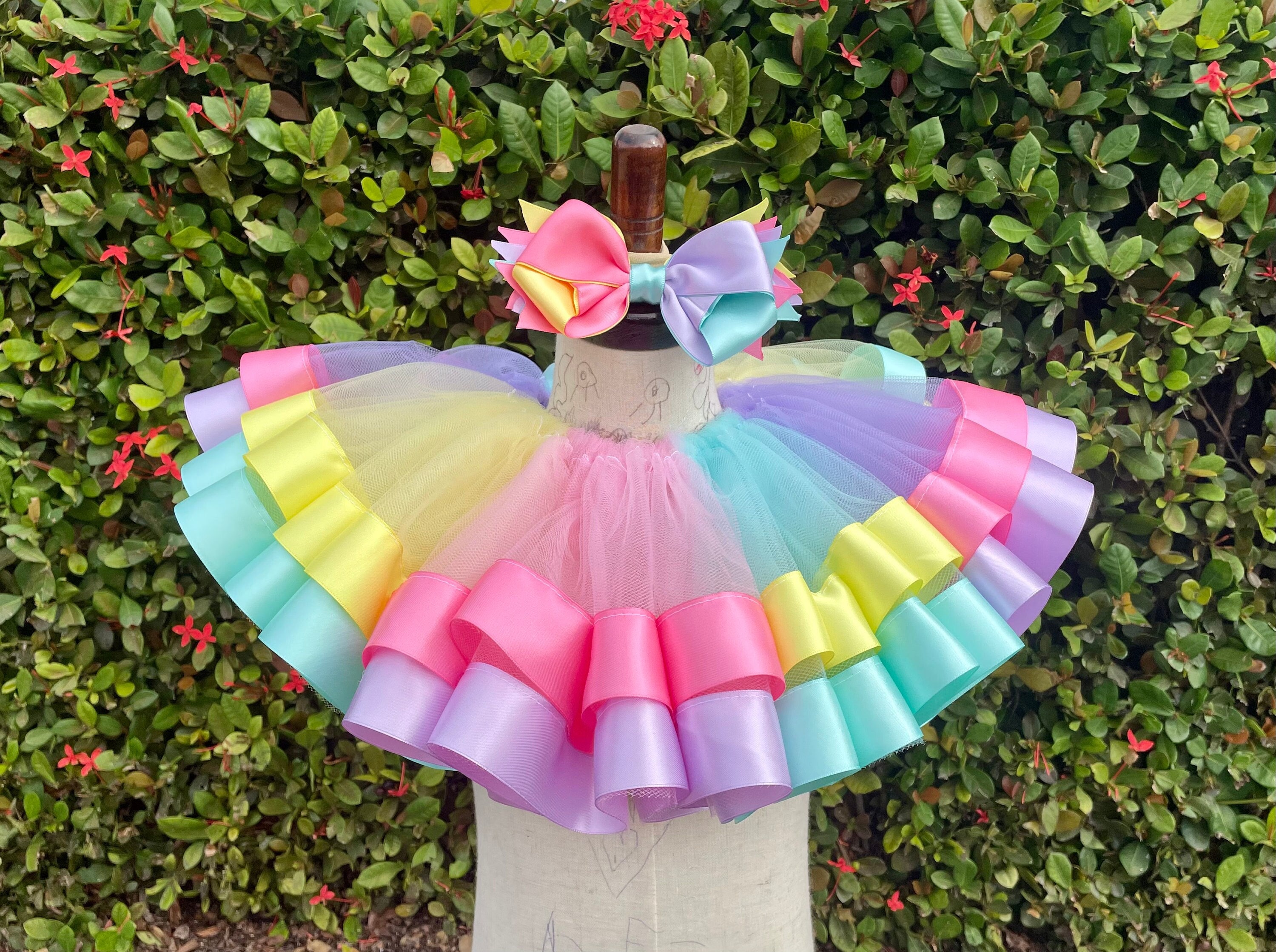 Pastel Rainbow Tutu Set, Mermaid Tutu, Unicorn Tutu, Ribbon Trim Tutu, Tutu and Bow Set, Candy Themed Tutu