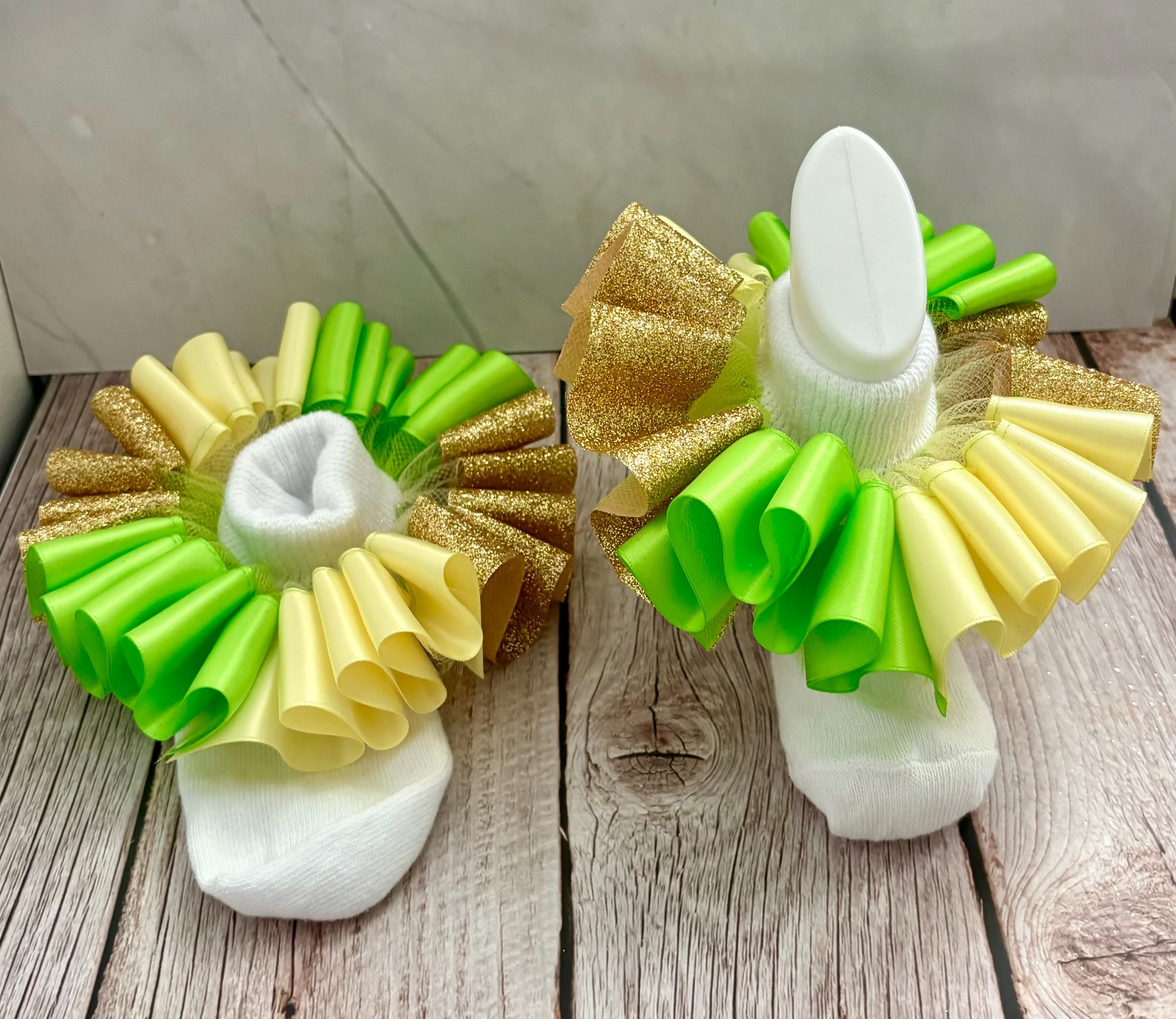 Green and Yellow Glitter Gold Ruffle Socks Tiana Theme