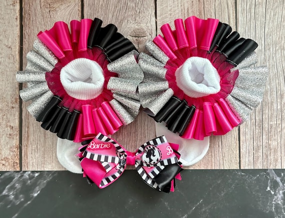 Pink and Black Tutu Socks and Bow Set, Barbie Themed Socks Set