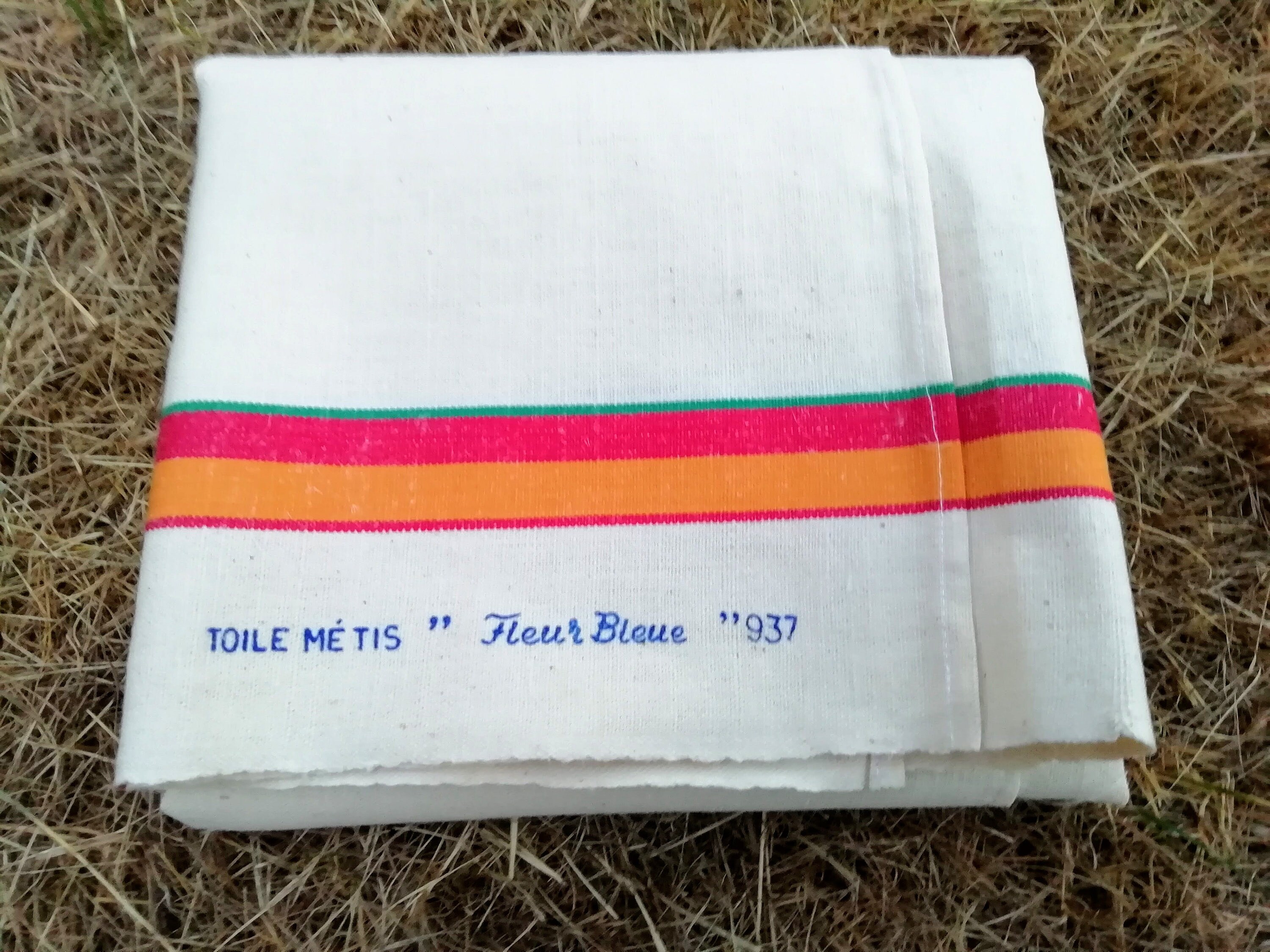 Serviette de Français Vintage Inutilisée en Coton et Linge Fleur Bleue