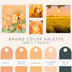 May include: A brand color palette titled "She's a Peach" featuring four images of flowers and landscapes in shades of peach and orange. Below are color swatches with text: "brand kit", "5 unique hex color codes", "Canva", "canva template provided", and "edit in any program".