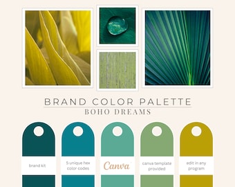Boho Color Palette, Hex Codes, Branding Board, Color Scheme, Greens, Sage and Deep Mustard Yellow, Boho Dreams