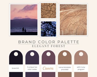 Brand Color Palette, Hex Codes, Branding Board, Color Scheme, Purples, Browns, Elegant Forest
