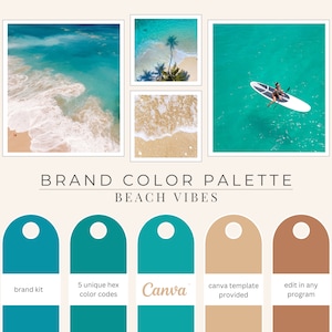 May include: A brand colour palette with the theme "Beach Vibes." The image shows four framed beach scenes with turquoise water and sandy shores. Below, colour swatches and text describe the brand kit, colour codes, Canva template, and editing options.