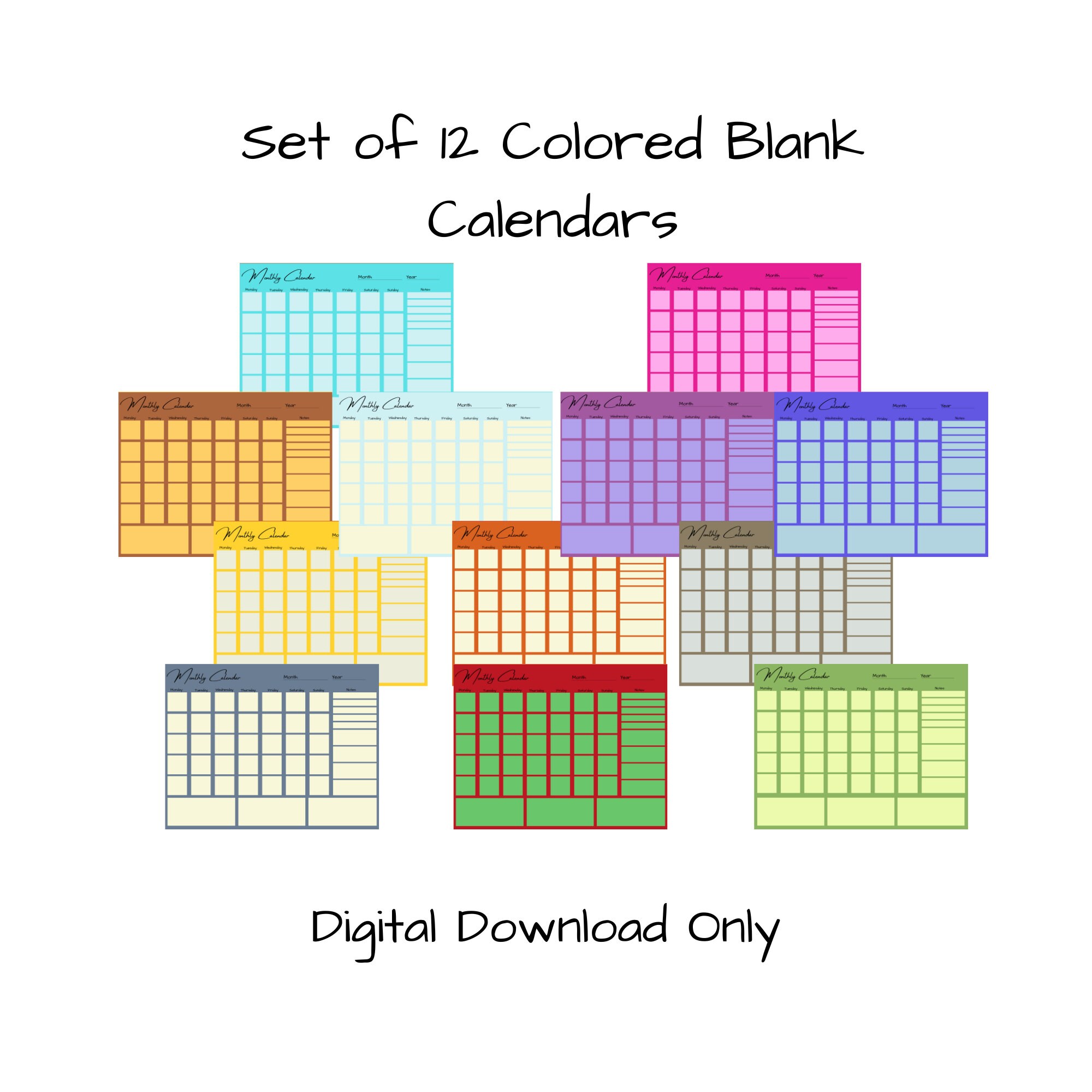 12 Blank Fillable Colorful Calendars Instant Download PDF Etsy