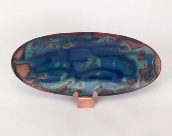 Blue on Gold Oval Enamel Tray | Copper and Vitreous Enamel Art | Unique Gift, Jewelry Dish, Home Decor