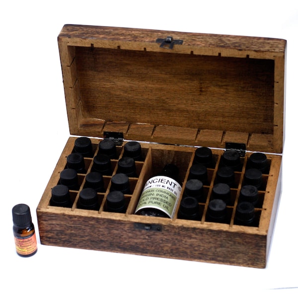 Floral Carved Mango Wood Aromatherapy Storage Box, 10ml Bottle Box, Oils Box, Holds 24 10ml bottles + 100ml bottle of carrier oil, Oils Box