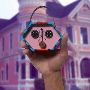 May include: A pink, hexagonal-shaped craft with black buttons and a handle. The craft has blue and black trim, red accents, and a small wooden disc. The background is a blurred pink Victorian house.