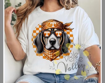 May include: White t-shirt with a graphic of a black and brown Bloodhound wearing sunglasses and a bandana with the letter "T" on it. The bandana is orange and white checkered. The dog is in a circle with a checkered background. The text "Bible Verse Valley" is on the bottom of the shirt.
