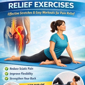 May include: A promotional image for sciatica relief exercises. The image features a woman in a yoga pose on a blue mat, with text that reads "Sciatica Relief Exercises." Additional text highlights benefits like reducing pain and improving flexibility.
