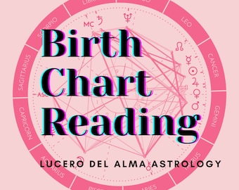 May include: A pink and white birth chart reading with the text "Birth Chart Reading" and "Lucero Del Alma Astrology" in black text with a pink and blue outline.