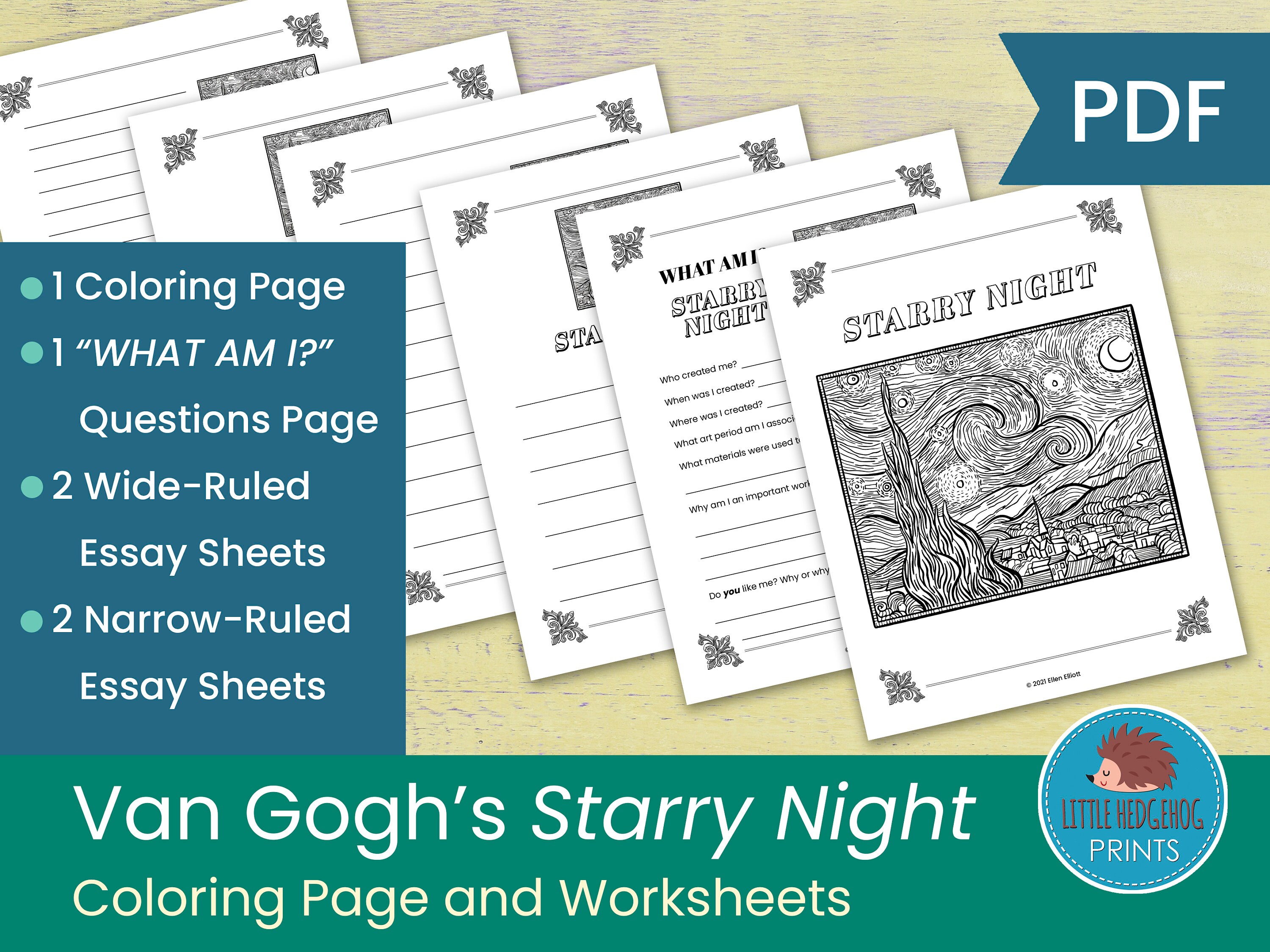 van gogh s starry night coloring page and worksheets etsy