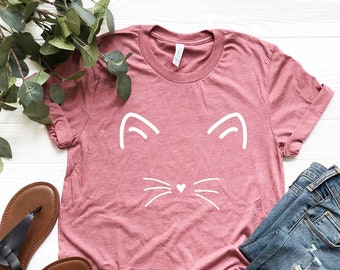 Cat Shirt, Kitty Kitten T-Shirts, Funny Present, I Love Cats Tee, Animal Lover T-shirt, Whiskers Face Shirt, Girlfriend Fashion Cute