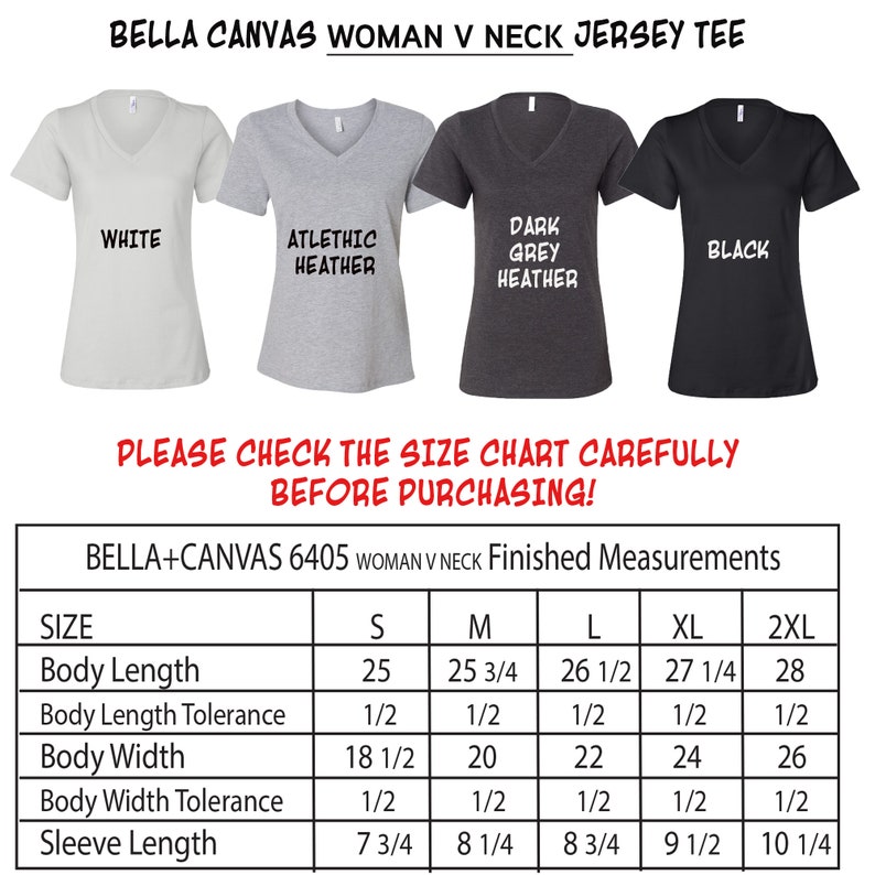 Puede incluir: Tabla de tallas para la camiseta de punto de cuello en V para mujer Bella + Canvas 6405. La tabla muestra las medidas en pulgadas para las tallas S, M, L, XL y 2XL. Las medidas incluyen la longitud del cuerpo, la tolerancia de longitud del cuerpo, el ancho del cuerpo, la tolerancia de ancho del cuerpo y la longitud de la manga.