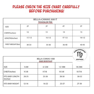 Puede incluir: Tabla de tallas para camiseta de ni&ntilde;o peque&ntilde;o y body de beb&eacute; Bella + Canvas. La tabla muestra las tallas en pulgadas y libras para ni&ntilde;os peque&ntilde;os y en pulgadas y libras para beb&eacute;s. La tabla tambi&eacute;n incluye el nombre de la marca Bella + Canvas y el logotipo de Virgo Design Boutique.