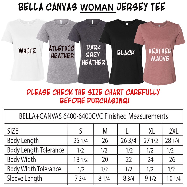 Puede incluir: Una tabla de tallas para camisetas de jersey para mujer Bella + Canvas 6400-6400CVC. La tabla muestra las medidas terminadas para las tallas S, M, L, XL y 2XL en pulgadas. Las medidas incluyen la longitud del cuerpo, la tolerancia de longitud del cuerpo, el ancho del cuerpo, la tolerancia de ancho del cuerpo y la longitud de la manga.