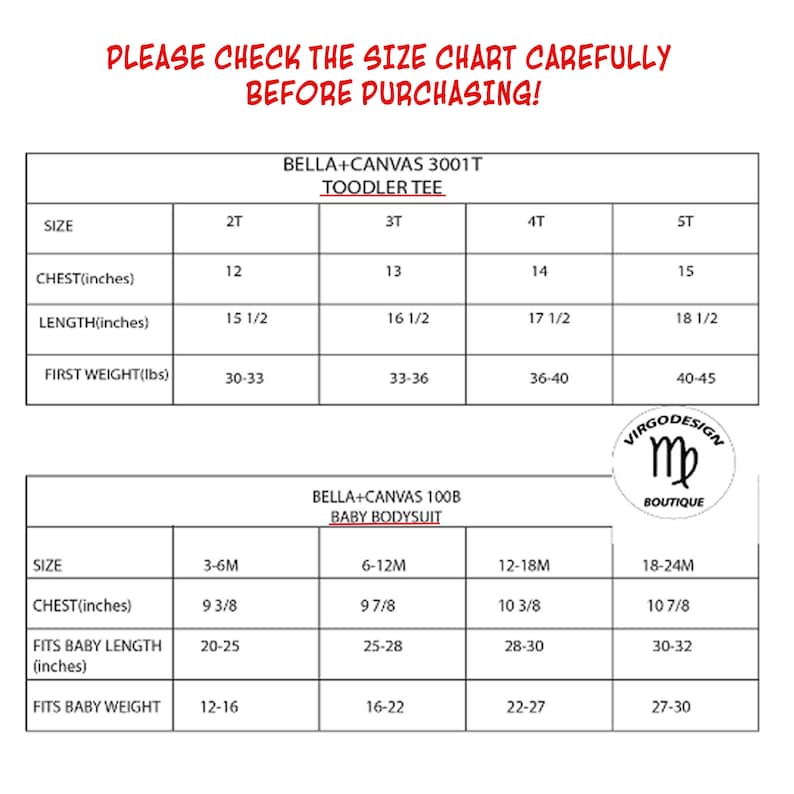 Puede incluir: Tabla de tallas para camiseta de ni&ntilde;o peque&ntilde;o y body de beb&eacute; Bella + Canvas. La tabla muestra las tallas en pulgadas y libras para ni&ntilde;os peque&ntilde;os y en pulgadas y libras para beb&eacute;s. La tabla tambi&eacute;n incluye el nombre de la marca Bella + Canvas y el logotipo de Virgo Design Boutique.