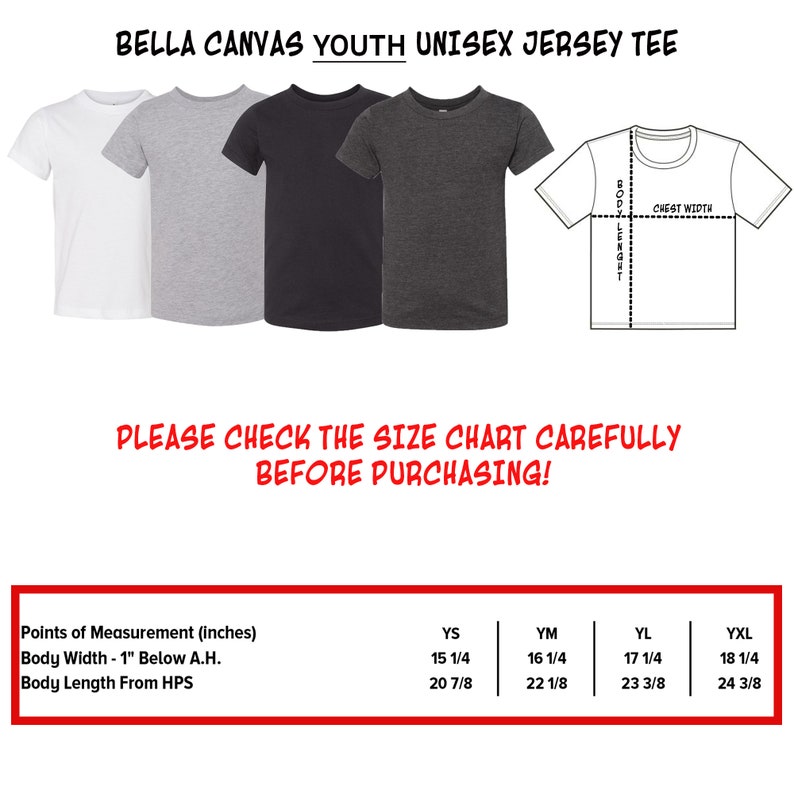 Puede incluir: Tabla de tallas para camisetas de jersey unisex para j&oacute;venes de Bella Canvas. La tabla muestra las medidas en pulgadas para el ancho y la longitud del cuerpo en las tallas YS, YM, YL y YXL.