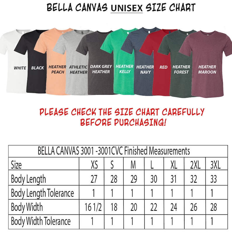 Puede incluir: Tabla de tallas unisex para camisetas Bella Canvas 3001-3001CVC. La tabla muestra las medidas de la longitud del cuerpo, la tolerancia de la longitud del cuerpo, el ancho del cuerpo y la tolerancia del ancho del cuerpo en pulgadas para las tallas XS, S, M, L, XL, 2XL y 3XL.