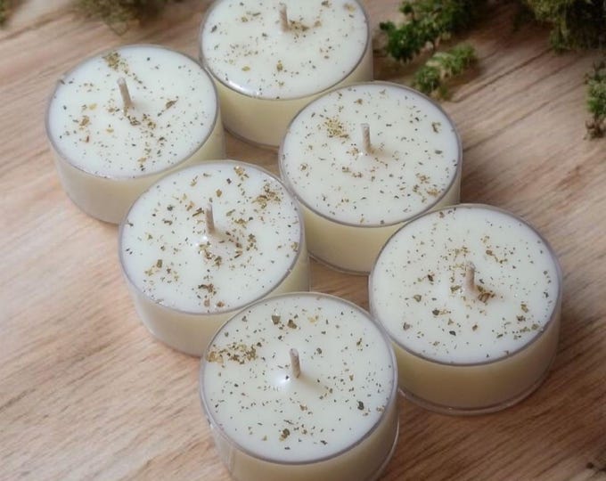 Oakmoss and Sandalwood Soy Wax Tealight Candles | Set of 6 Tealight Candles | Non Toxic Candle Set | Candles with Herbs