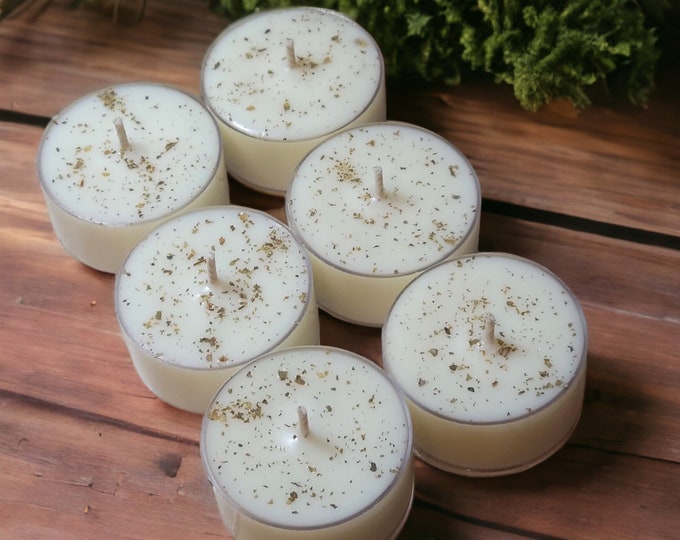 Oakmoss and Sandalwood Soy Wax Tealight Candles | Set of 6 Tealight Candles | Non Toxic Candle Set | Candles with Herbs