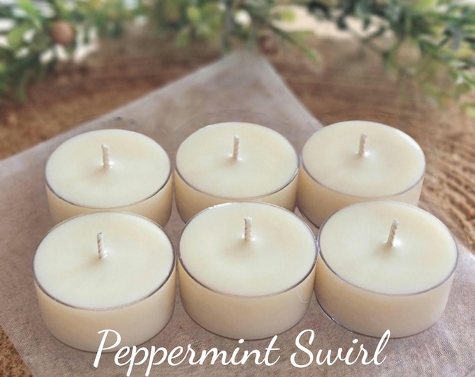 Peppermint Swirl Soy Wax Tealight Candles: Set of 6, Holiday Decor